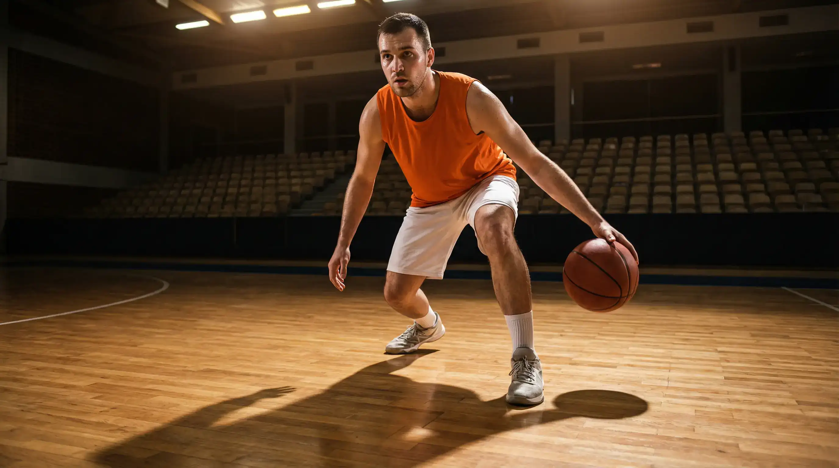 Jugador de baloncesto profesional botando el balón en una pista de parqué bajo focos de pabellón europeo